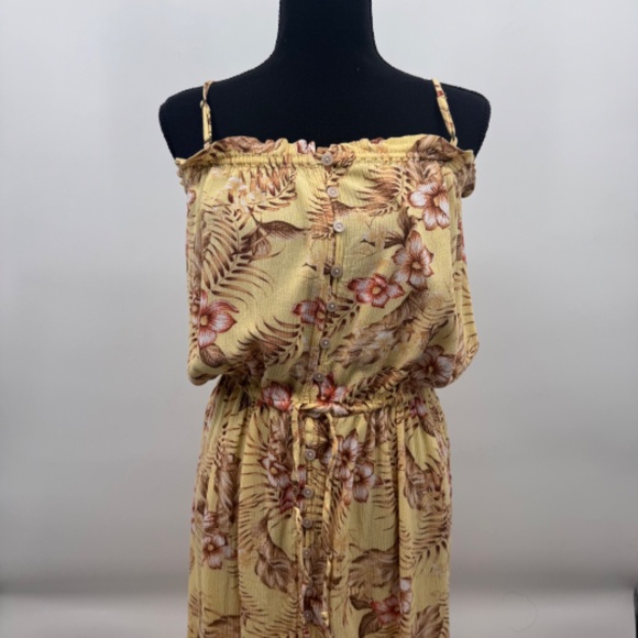 Ripcurl Dress Women Large Yellow Floral Spaghetti Straps Tropical 90s Cottage - Picture 2 of 10